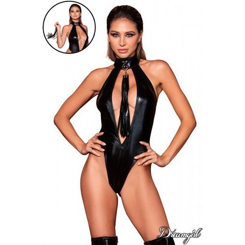 Teddy & Flogger Glossy Faux Leather Teddy with Plunging Neckline & Flogger Set