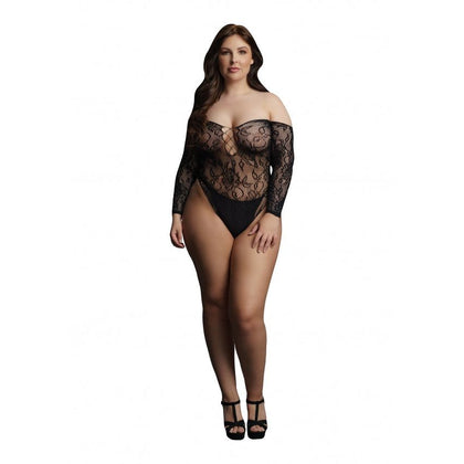 Wonder Rhinestone Bodysuit OSX - Black Off Shoulder Lace Teddy, Crotchless Elegance