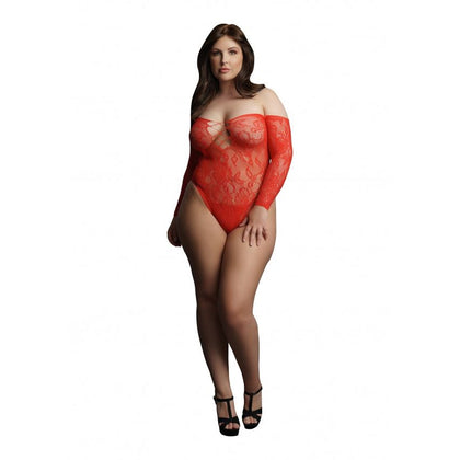 Wonder Rhinestone Bodysuit OSX - Red Off Shoulder Lace Crotchless Teddy Elegance