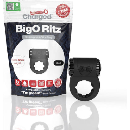 Charged® Big O Ritz Elegant Rechargeable Silicone Vibrating Ring - Model 001 for Couples - Mutual Stimulation - Black - Adult Naughty Store
