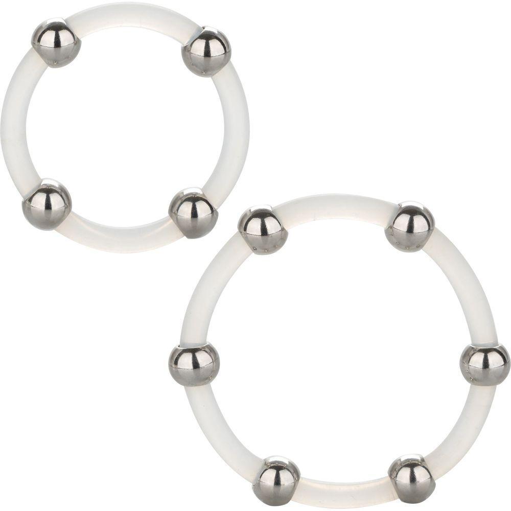 Introducing the CalExtics Steel Beaded Silicone Male Cock Ring Set - Unleash Pleasure and Power - Adult Naughty Store
