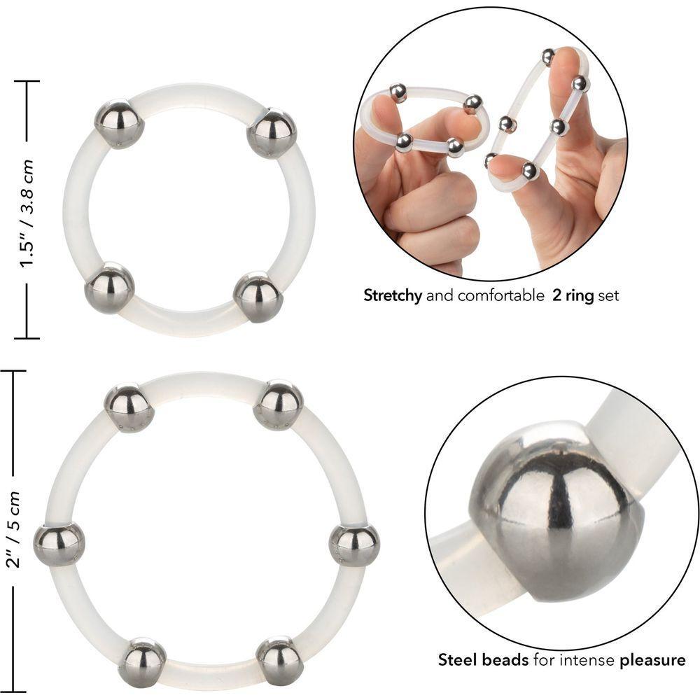 Introducing the CalExtics Steel Beaded Silicone Male Cock Ring Set - Unleash Pleasure and Power - Adult Naughty Store