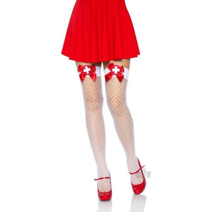 Industrial Net Thigh Highs W/ Bow And Nurse Badge O/s White/red