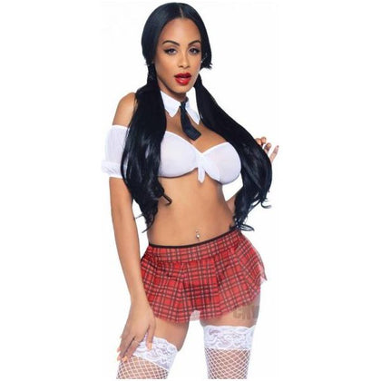 3pc Naughty School Girl, Sheer Crop Top, Mini Skirt, Tie Collar O/s Multicolor