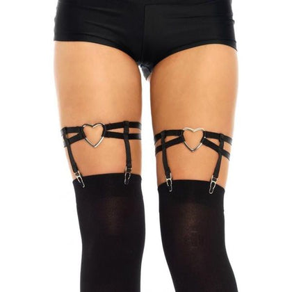 Dual Strap Elastic Thigh High Garter Suspender With Heart O/s Black