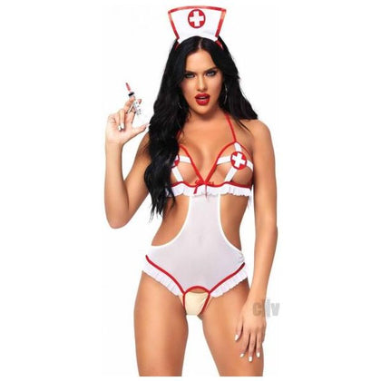 2pc Naughty Nurse, Includes Crotchless Teddy With Peek-a-boo Cups And Matching Headband O/s Wh/rd