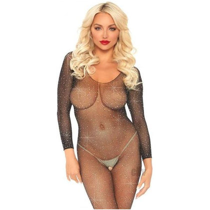 Crystalized Seamless Fishnet Long Sleeved Bodystocking. Black O/s