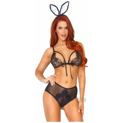 3 Pc Bedroom Bunny, Includes Eyelash Lace Cage Strap Bra Top, Cheeky Backless Panty With Fluffy Tail