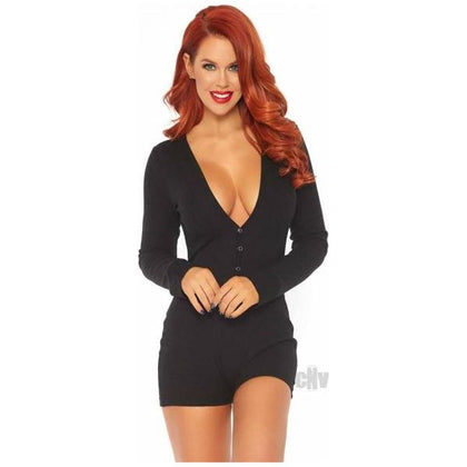 Brushed Rib Romper Long Johns With Cheeky Snap Closure Back Flap. Black Med/lge