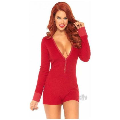 Brushed Rib Romper Long Johns With Cheeky Snap Closure Back Flap. Red Sml/med