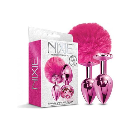 Nixie Metal Butt Plug Set Pom Pom And Jewel-inlaid Metallic Pink