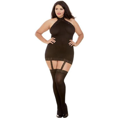 Dreamgirl Semi-sheer Halter Garter Dress With Snap-neck Closure, Stretch Lace Trim, Attached Garters