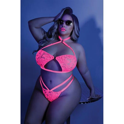 Glow Lights Off Lace Halter Bralette & Cage Panty Neon Pink Qs