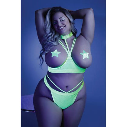 Glow Double Take Strappy Harness Open-shelf Bra & Cage Thong Neon Lemon Qs