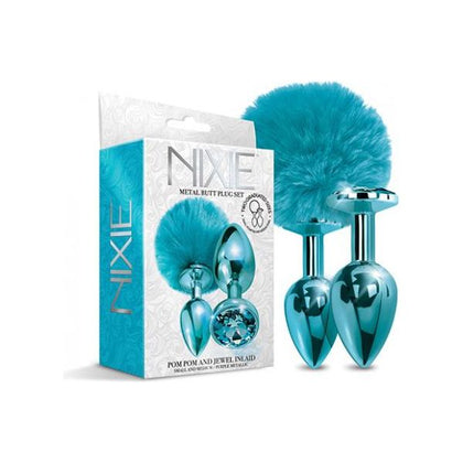 Nixie Metal Butt Plug Set Pom Pom And Jewel-inlaid Metallic Blue