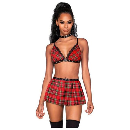 Dreamgirl Three-piece Schoolgirl-themed Set With Red Plaid Bralette And Matching Pleated Mini Skirt