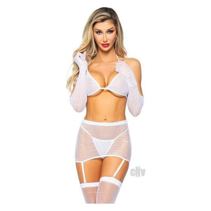 Rhinestone Fishnet Garter Set 5pc White