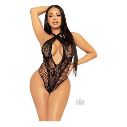 Lace Net Keyhole Halter Teddy Os Blk