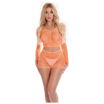 Pink Lipstick Leaf It To Me Long Sleeve Crop Top & Short Orange O/s