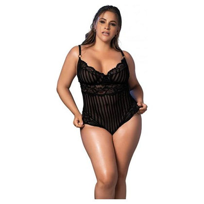 Shadow Stripe & Lace Teddy W/hook & Eye Closure Black 2x/3x