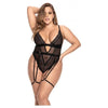 Sheer Mesh & Animal Pattern Lace Teddy W/garter Belt & Adjustable Crotch Closure Black 2x/3x