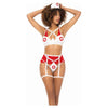 3 Pc Nurse Underwire Top, Open Back Bottom W/attached Garterbelt & Head Piece Red/wht L/xl