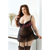 Curve Madison Gartered Lace And Mesh Babydoll With Underwire Cups & Matching Panty 3x/4x Black/pink