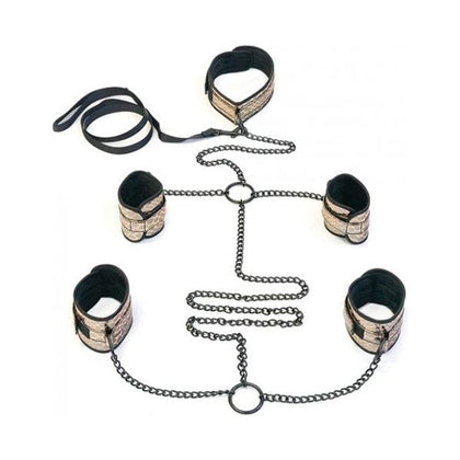 Faux Leather Collar, Wrist, Ankle Restraints & Leash Bondage Kit Gold