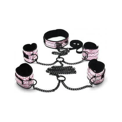 Spartacus Faux Leather Collar To Wrist & Ankle Restraints Bondage Kit W/leash - Pink