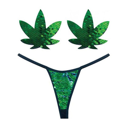 Neva Nude Naughty Knix Weed Leaf Sequin G-string & Pasties - Green  O/s