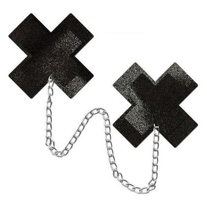 Pastease Chains Liquid Black X Cross W/ Chunky Silver Chain Nipple Pasties