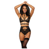 Stretch Lace W/satin Elastic Bra, Garter Belt & G-string Panty Black Xxl