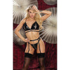 Holiday Rhinestone Trimmed Open Cup Bra, Garterbelt & Crotchless Panty Black Lg