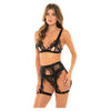 Janet Eyelash Lace Bra, Leg Garterbelt & G-string Brunnera Black L/xl