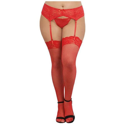 Fishnet Thigh Highs W/ Lace Top Red Q/s