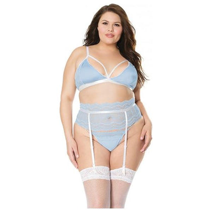 Scallop Stretch Lace Bra, Garter Belt & G-string Light Blue/white 2x