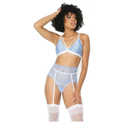 Scallop Stretch Lace Bra, Garter Belt & G-string Light Blue/white S/m