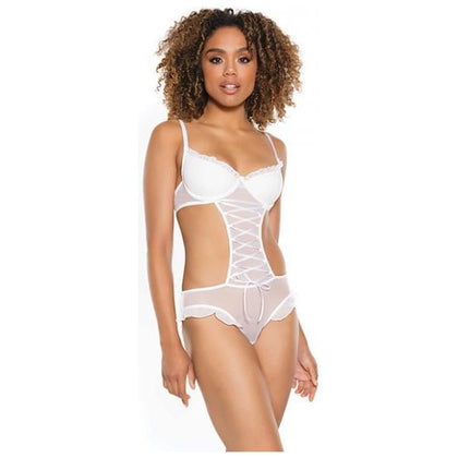 Stretch Mesh Ruffled Crotchless Teddy White Sm