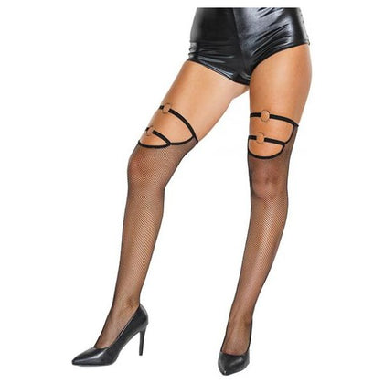 Fishnet Strap Thigh High Stockings Black O/s