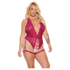 Scallop Stretch Lace Crotchless Teddy W/lace Up Front Raspberry Os/xl