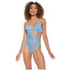 Scallop Stretch Lace & Sheer Mesh Teddy W/front V Cut Out Blue Md