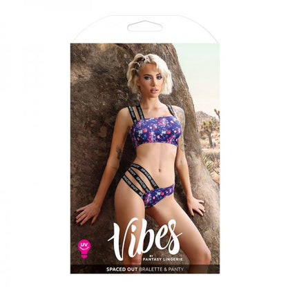 Fantasy Lingerie Vibes Spaced Out Uv Reactive Print Asymmetrical Bralette & Multi Strap Panty Indigo