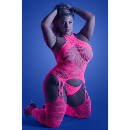 Fantasy Lingerie Glow Captivating High Neck Halter Bodystocking & G-string Set Neon Pink Queen Size