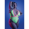 Fantasy Lingerie Glow Spotlight Contrast Elastic Lace Teddy With Snap Closure Neon Green Queen Size