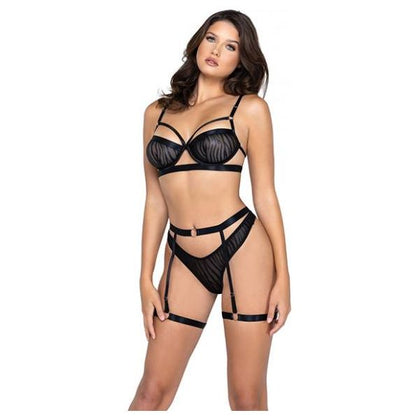 Wild Stripe Mesh Balconette Cup Underwire Bra, Garter Belt & Thong Black Sm