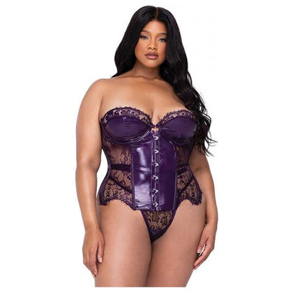 Sugar Plum Scalloped Eyelash Lace & Faux Leather Bustier W/steel Boning & Thong Purple 1x