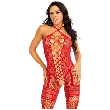 Heart Halter Bodystocking Garter Os Red