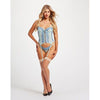 Lace & Mesh Bustier W/lace Up Center, Garter Belt & Thong Blue Lg