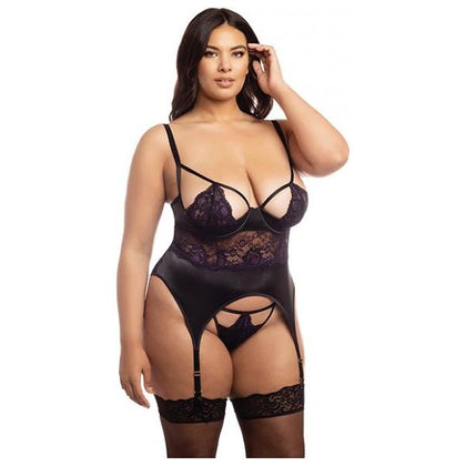 Demi Padded Shelf Cup Merrywidow W/overlay Lace & Panty Black/heliotrope 2x