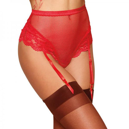 Dreamgirl High-waisted Fishnet And Lace Garter Thong With Satin Ribbon Back Tie Ruby L